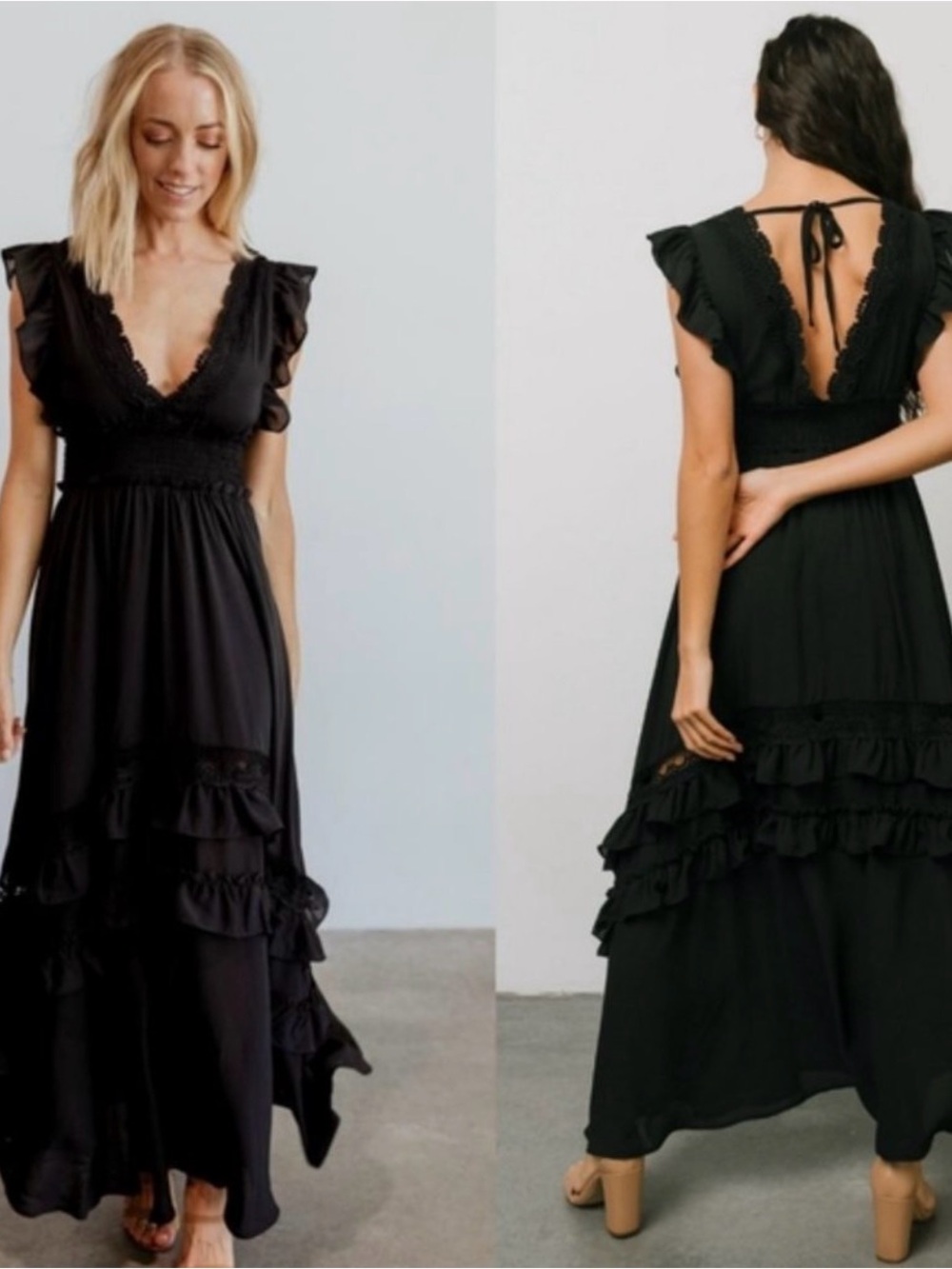 Baltic Born Jasmine Ruffle Maxi Dress Black Lace Trim Smocked Flutter Sleeve M - Picture 3 of 16